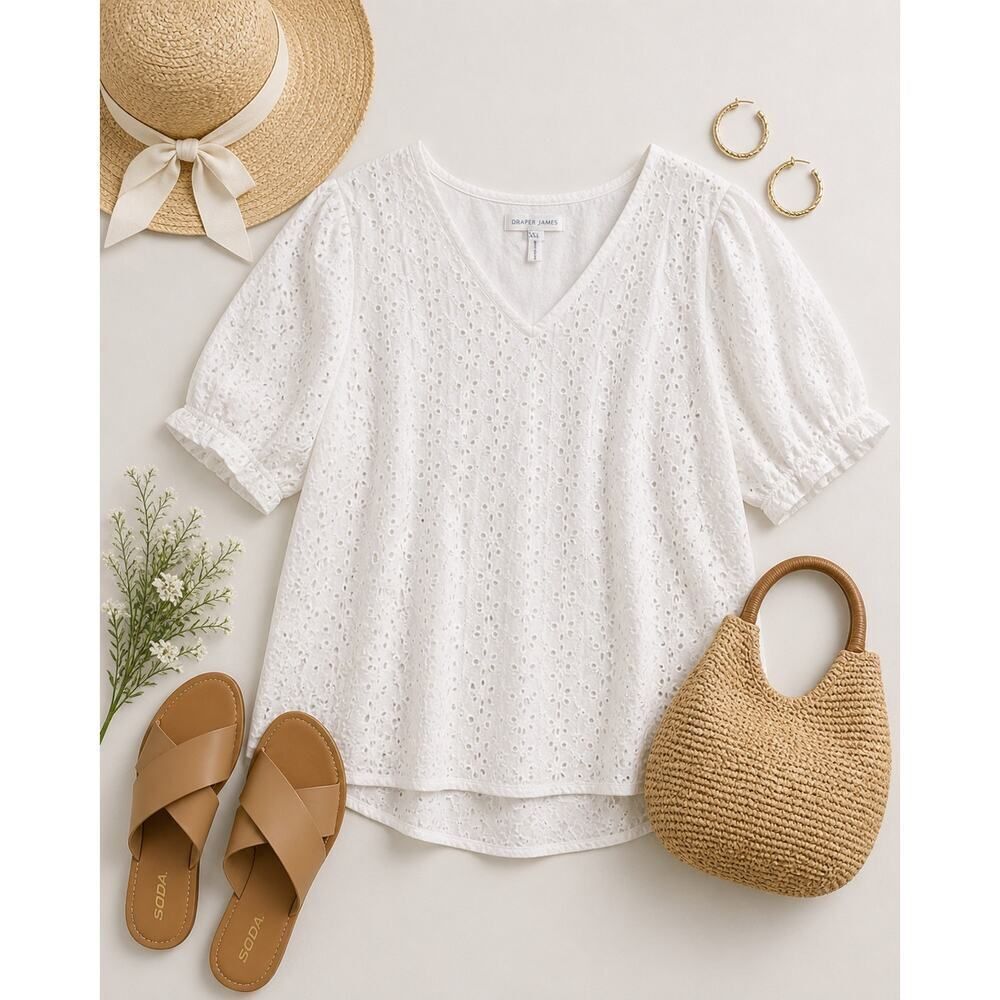 Draper James White Eyelet Puff Sleeve Cottagecore Boho Blouse Romantic Top XXL